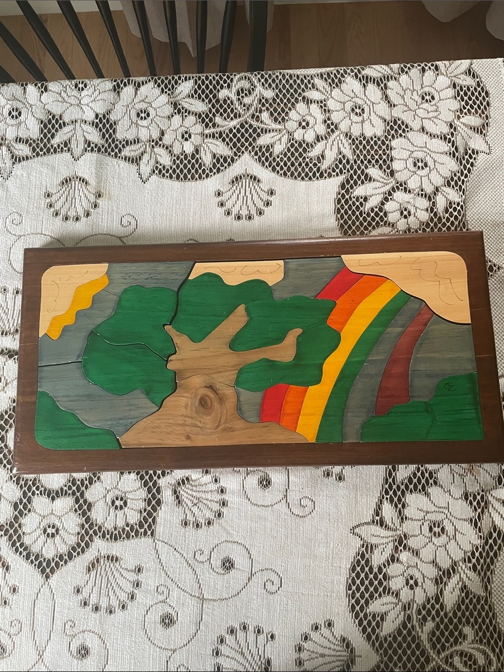 Handmade Wooden Tree & Rainbow Puzzle Dyed Landscape Art - Multicolor
